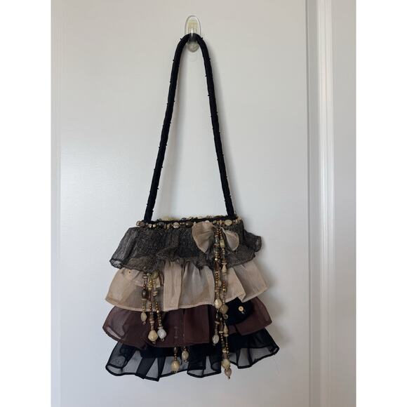 Y2K Boho Beaded Ruffle Purse Brown Black Tulle Boho Mini Bag VTG Indie Sleaze - Picture 2 of 6